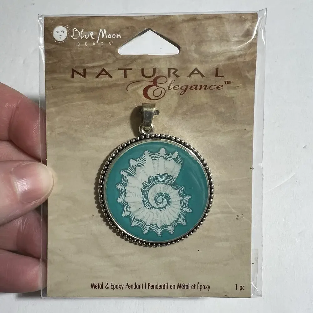 Blue Moon Bead Natural Elegance Shell Pendant Round Teal Silver Tone Metal Epoxy